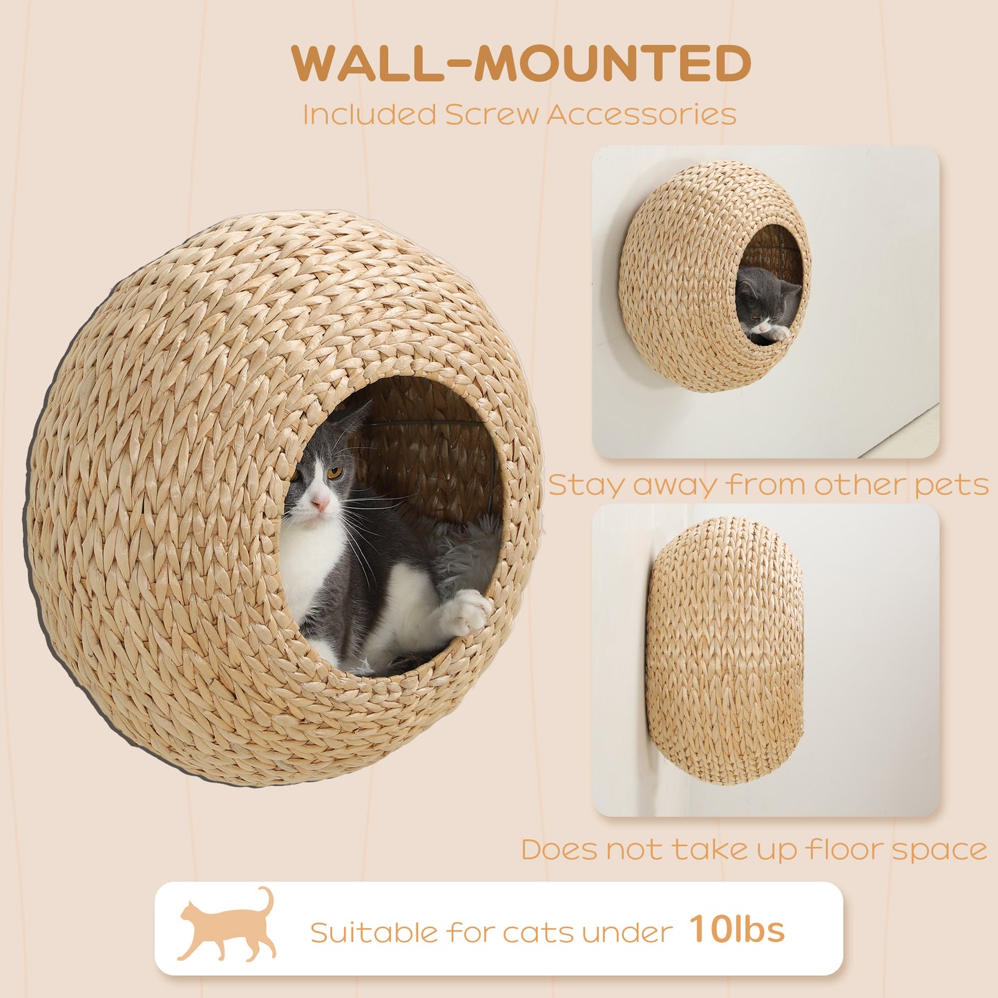 PawHut Wall Mounted Cat Condo with Washable Cushion, Natural Wood