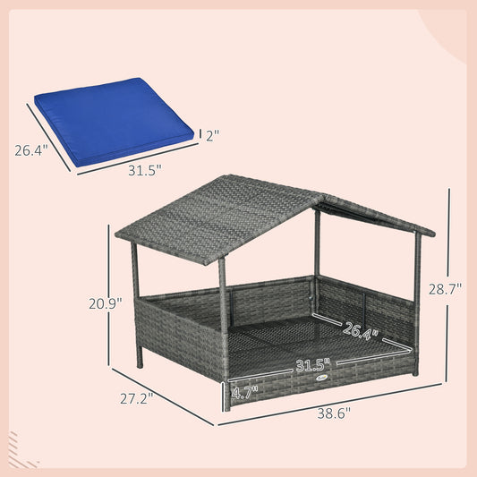 PawHut Wicker Dog House with Removable Cushion Lounge, Dark Blue