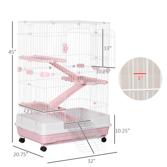 PawHut 32"L 4-Level Small Animal Cage Rabbit Hutch with Wheels, Slide-out Tray for Bunny, Chinchillas, Ferret, Pink