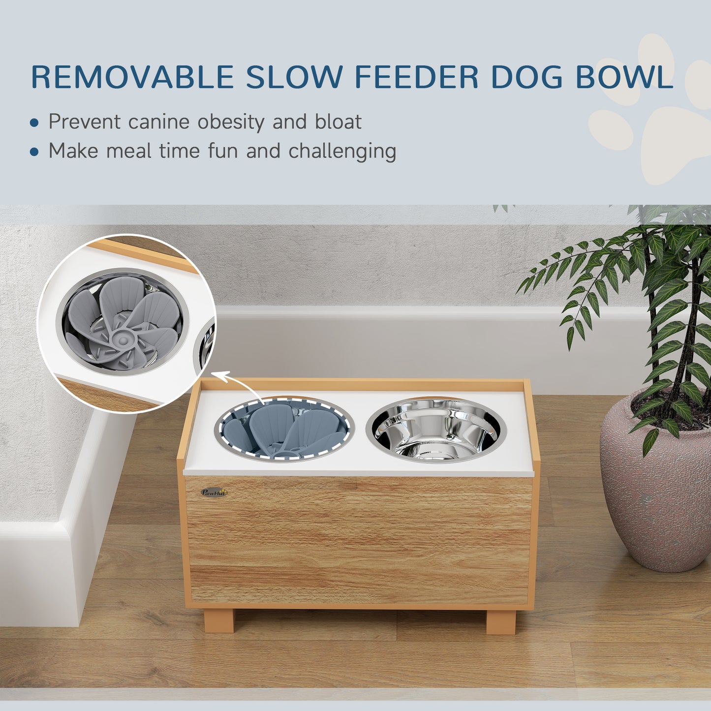 PawHut Elevated Dog Bowls with Slow Feeder Dog Bowl, Stainless Steel Food Water Bowl, Storage for Large Sized Dog, Oak