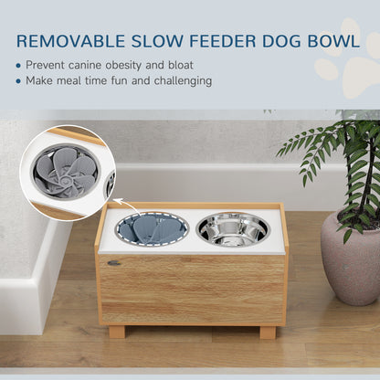 PawHut Elevated Dog Bowls with Slow Feeder Dog Bowl, Stainless Steel Food Water Bowl, Storage for Large Sized Dog, Oak