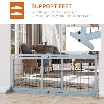PawHut 72" W x 27.25" H Extra Wide Freestanding Pet Gate with Adjustable Length Dog, Cat, Barrier for House, Doorway, Hallway, Blue-Gray
