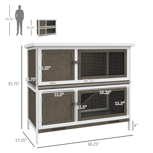PawHut Wooden Bunny Hutch with Ramp, Indoor/Outdoor, Brown