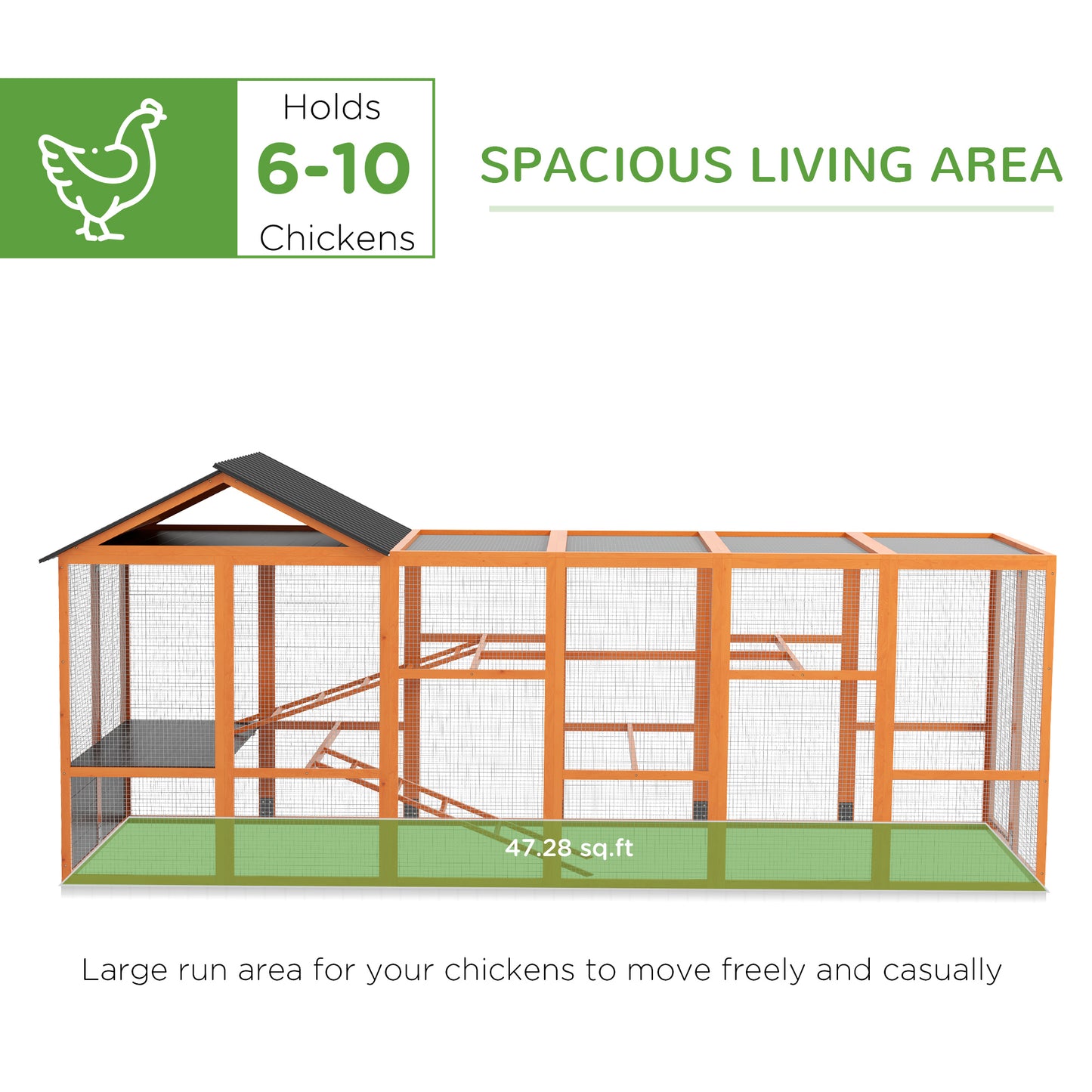 PawHut Wooden Chicken Coop Run for 6 - 10 Chickens, Hen House Add-On with Storage, Perches, 141.75" x 48" x 61", Orange