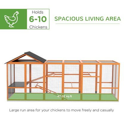 PawHut Wooden Chicken Coop Run for 6 - 10 Chickens, Hen House Add-On with Storage, Perches, 141.75" x 48" x 61", Orange