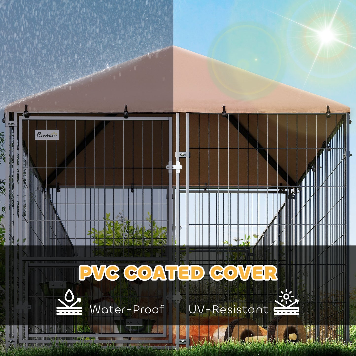 PawHut Large Outdoor Dog Kennel with Rotating & Adjustable Height Bowls, Waterproof & UV-Resistant Canopy, 11.3' x 4.7' x 5.1'