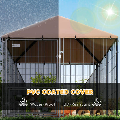 PawHut Large Outdoor Dog Kennel with Rotating & Adjustable Height Bowls, Waterproof & UV-Resistant Canopy, 11.3' x 4.7' x 5.1'