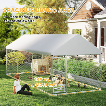 PawHut Outdoor Dog Kennel w/ Adjustable & Rotatable Bowl Rack, Waterproof UV-Resistant Cover, Secure Lock, 19.7' x 7.5' x 7.5'