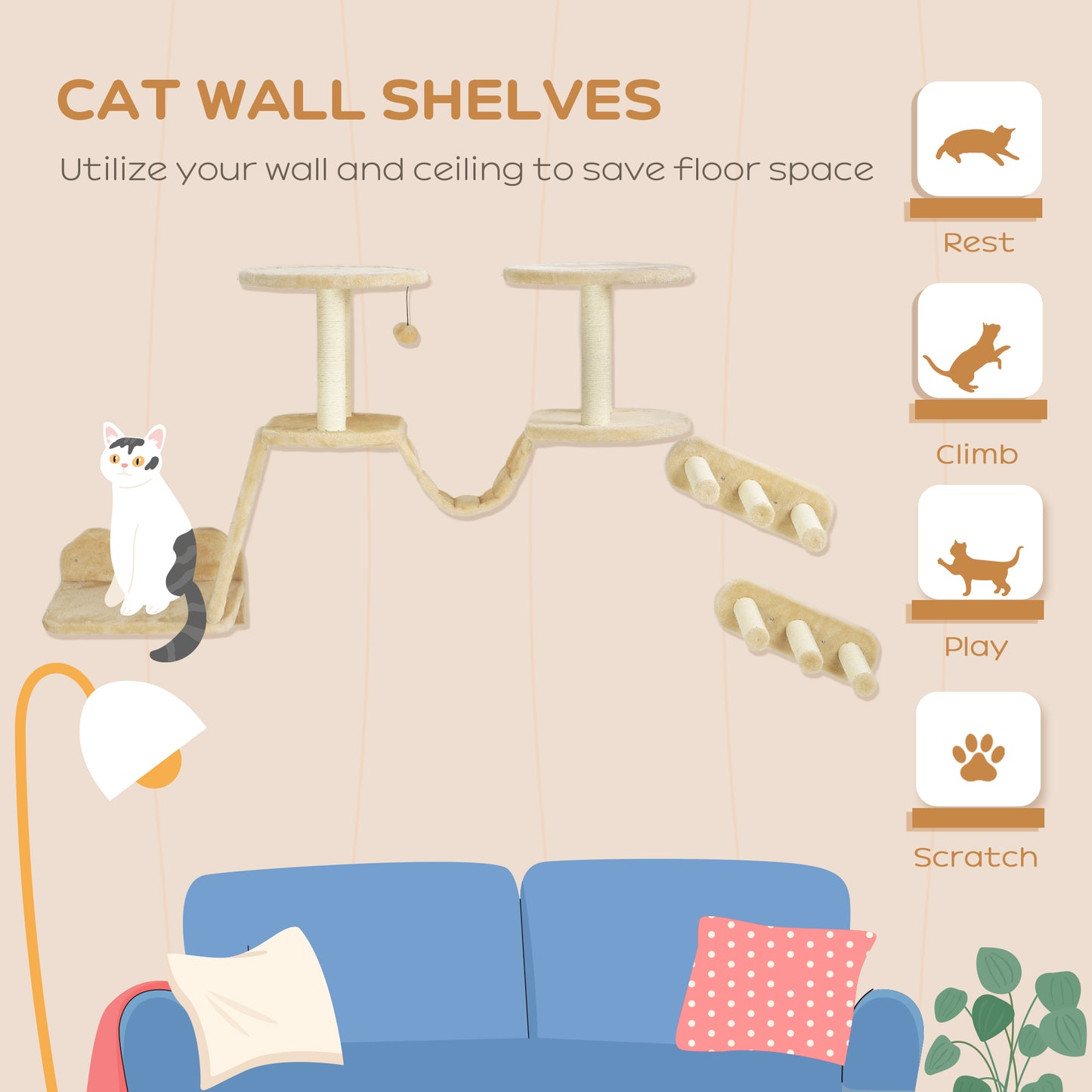 PawHut 3pc Cat Wall Shelves w/ Scratching Post, Perches, Ladder, Steps & Scratching Board, Beige