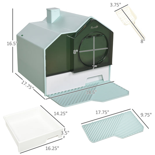 PawHut Hooded Cat Litter Box w/ Litter Mat, Litter Particle Catching, Light Blue