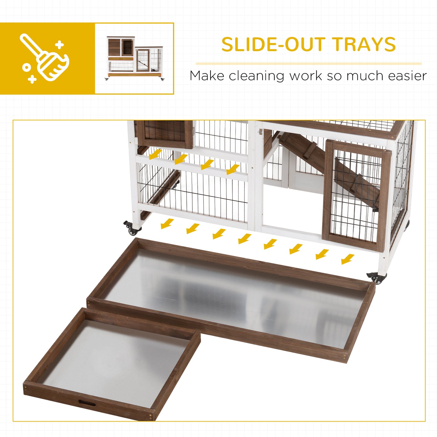 PawHut Wooden Rabbit Hutch Elevated Bunny Cage Indoor Small Animal Habitat with Enclosed Run with Wheels, Ramp, Removable Tray for Rabbits, Chickens, Ducks, Guinea Pigs, Brown