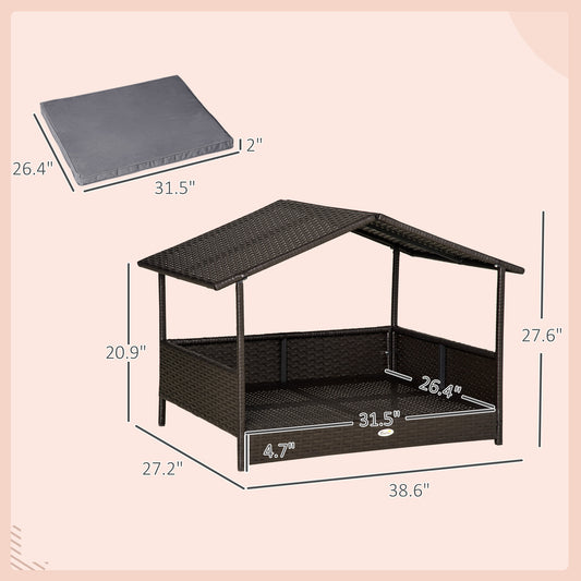 PawHut Wicker Dog House Outdoor with Canopy, Rattan Dog Bed with Water-resistant Cushion, Raised Dog Bed for Small, Medium Dogs up to 66 lbs, 19.75" in Length, Brown Wicker, Gray Cushion