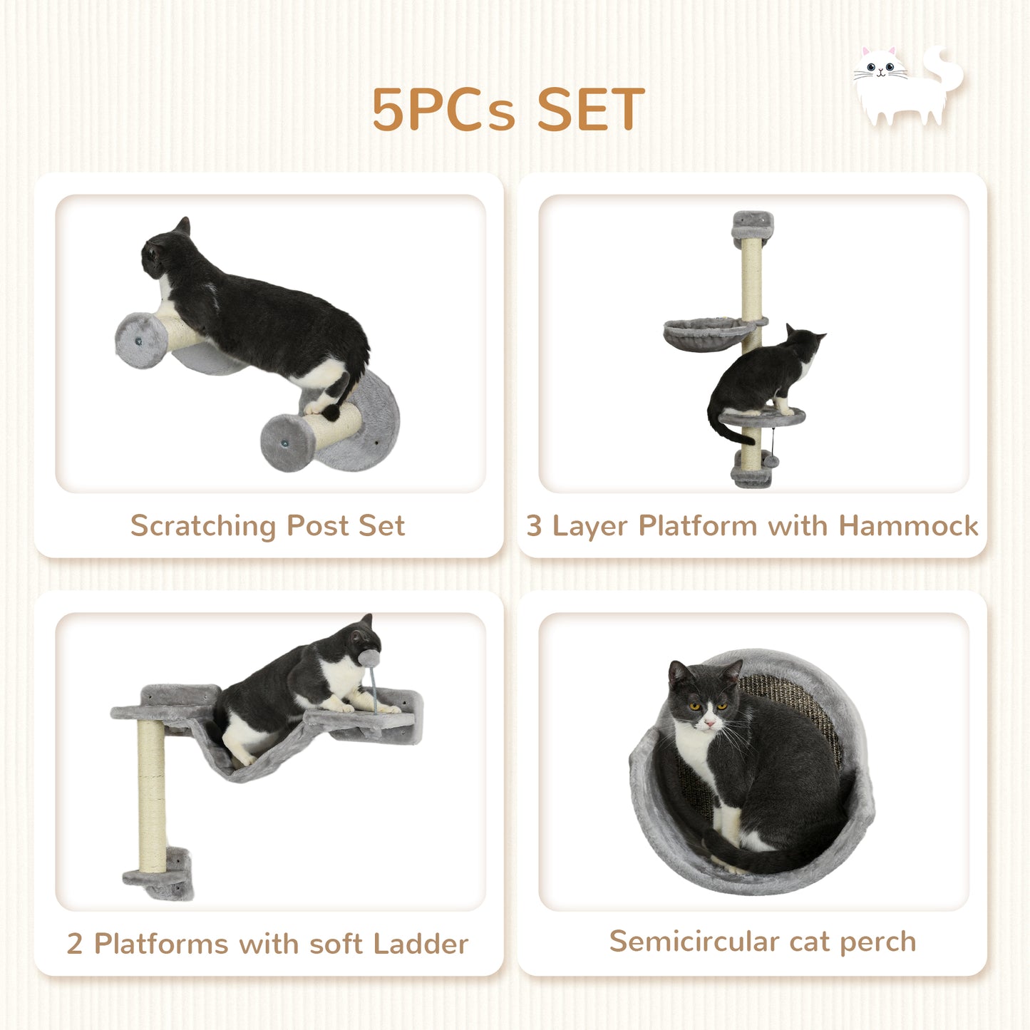 PawHut 5pc Cat Wall Shelves with Hammock, Perches, Ladder, Scratching Post