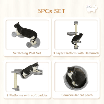 PawHut 5pc Cat Wall Shelves with Hammock, Perches, Ladder, Scratching Post