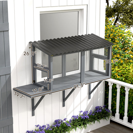 PawHut Wooden Cat Catio, Outdoor Cat Enclosure Window Perch with Jumping Platform, for Safely Enjoying Outdoor Sights, Gray