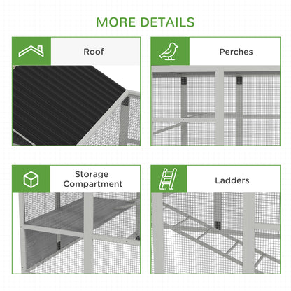 PawHut Wooden Chicken Coop Run for 6 - 10 Chickens, Hen House Add-On with Storage, Perches, 141.75" x 48" x 61", Gray