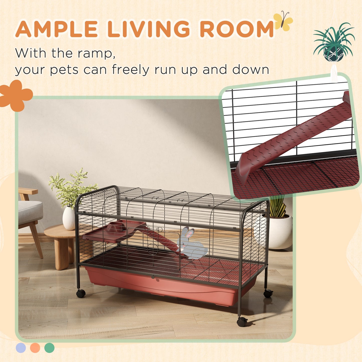 PawHut 48″ Small Animal Cage w/Wheels, Ramp & Feeder