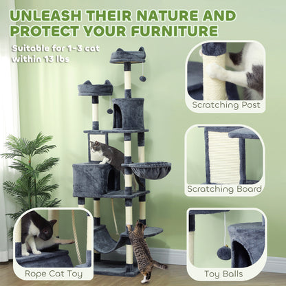 PawHut 81" Cat Tree w/ Cat Scratching Posts, Scratching Board, Condos, Beds, Hammocks, Toy Balls, Rope Cat Toy, Gray