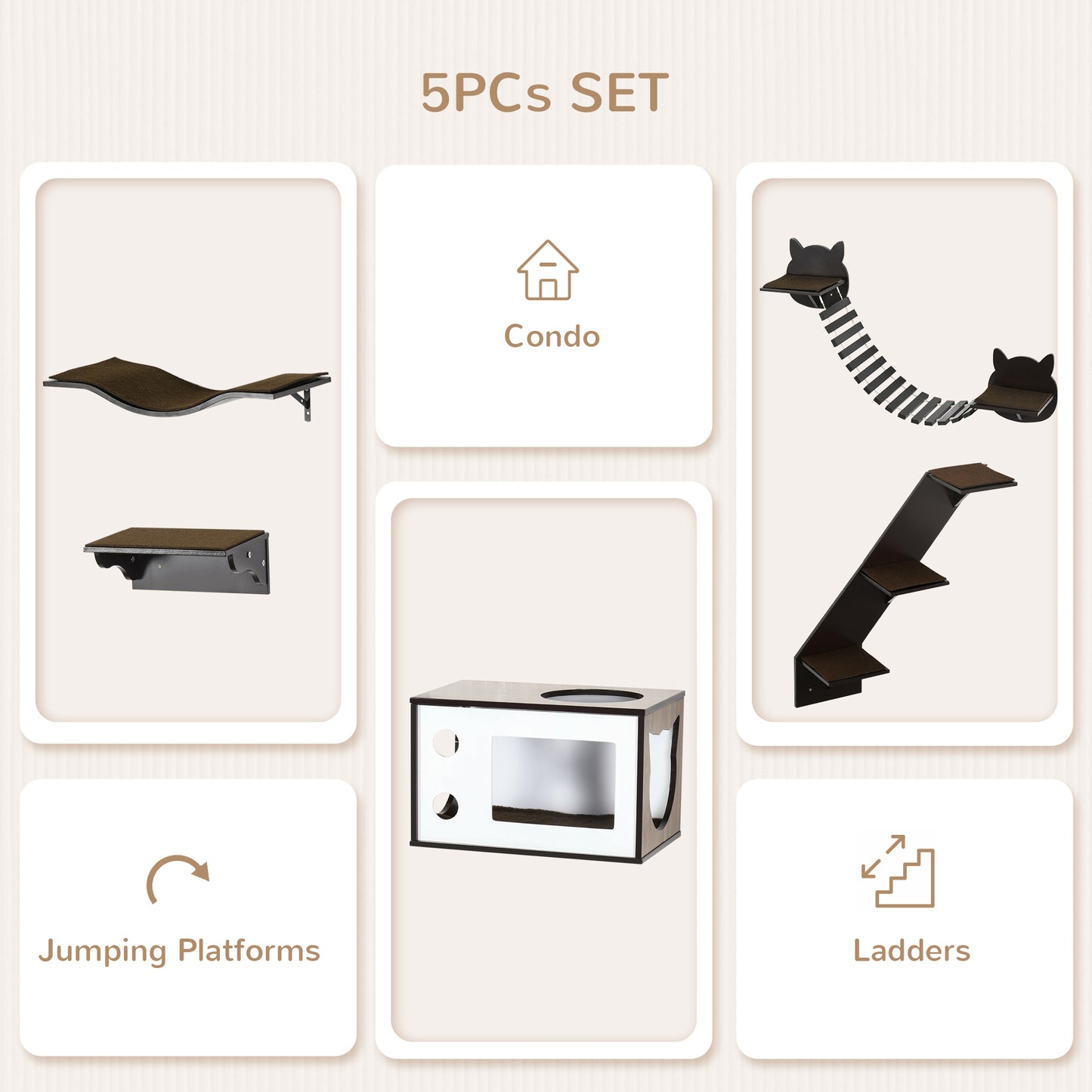 PawHut 5PCs Cat Wall Shelves Pet Wall-mounted Climbing Shelf Set with Cushion Condo Jumping Platform Ladder Brown