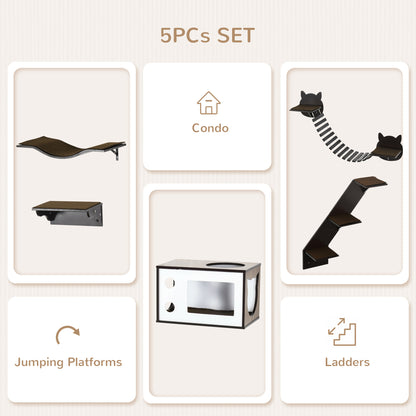 PawHut 5PCs Cat Wall Shelves Pet Wall-mounted Climbing Shelf Set with Cushion Condo Jumping Platform Ladder Brown