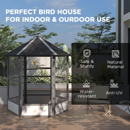 PawHut 69" Wooden Hexagonal Outdoor Aviary Flight Bird Cage With Covered Roof, Light Gray