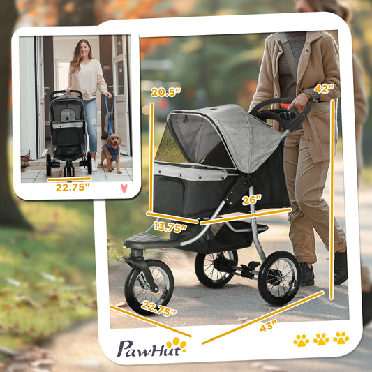 PawHut Luxury One-click Folding Pet Stroller Dog/Cat Travel Carriage with Wheels Adjustable Canopy Zippered Mesh Window Door Grey and Black