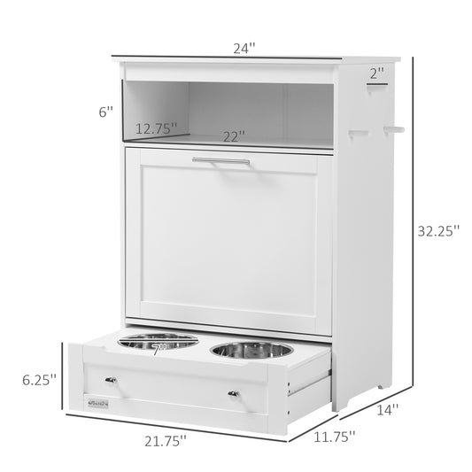 PawHut Pet Feeder Station Storage Cabinet, Dog Food Storage Container with Dog Raised Bowls, Watering Supplies, White