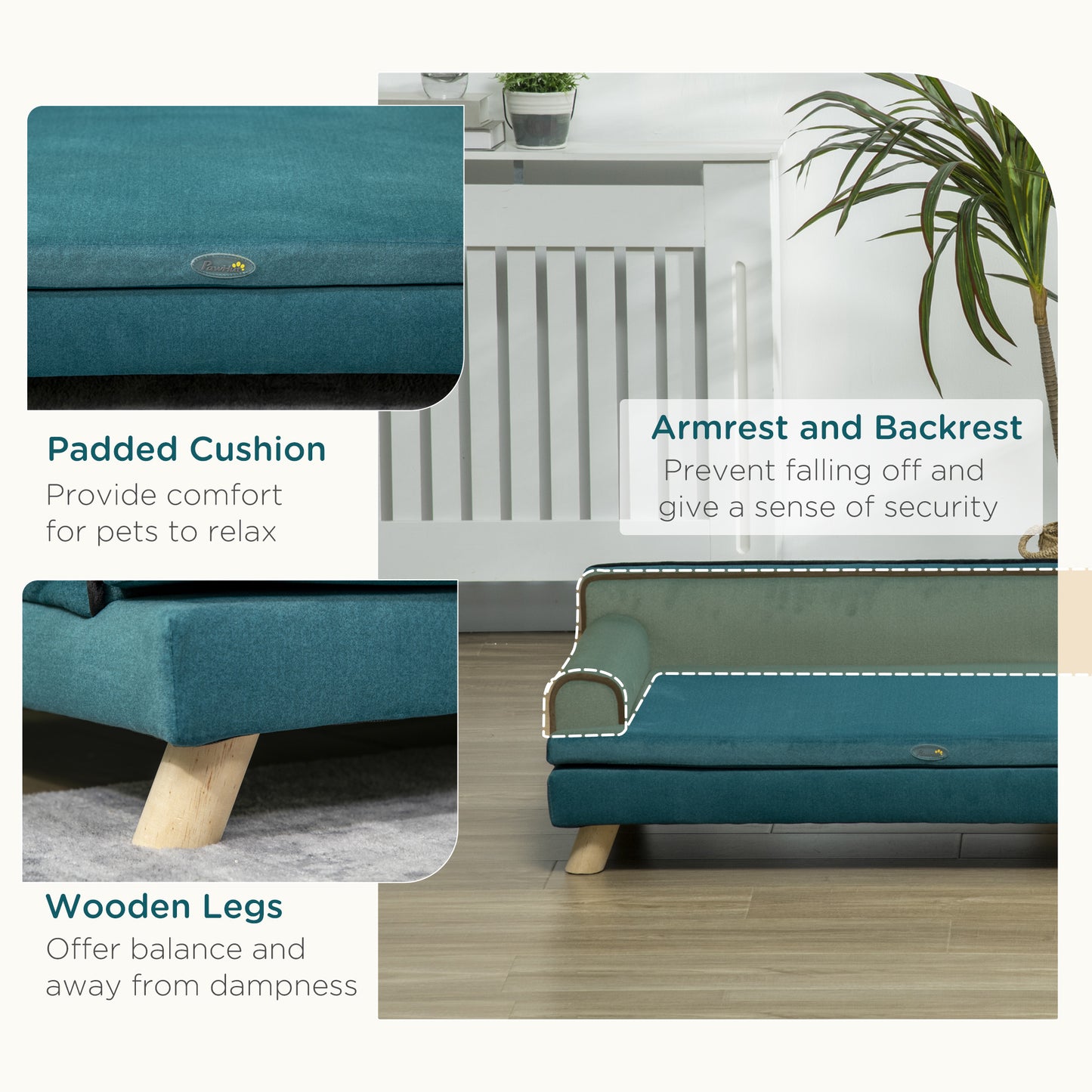 PawHut Large Dog Couch for a Fancy Dog Bed, Elevated Dog Sofa Bed with Washable Cover, Wooden Legs, Teal