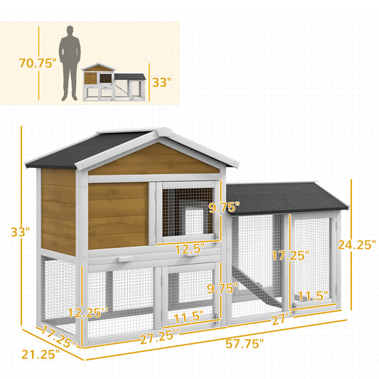 PawHut 58" Wooden Rabbit Hutch with Run, Removable Tray, Asphalt Roof,  Lockable Doors and Ramp, Nature Wood