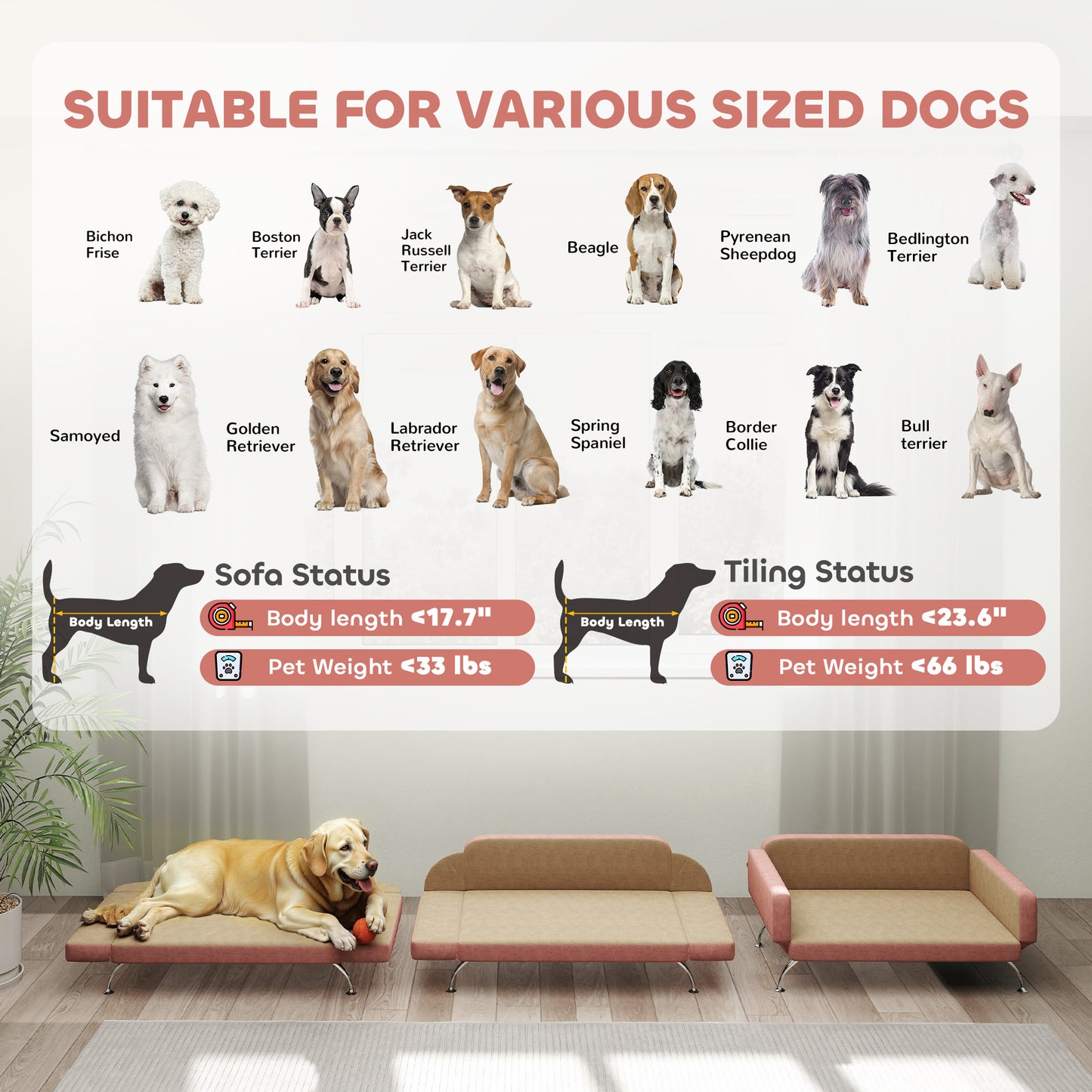PawHut Dog Sofa Bed w/ Adjustable Armrest & Backrest for Small, Medium & Large Dogs, Pink