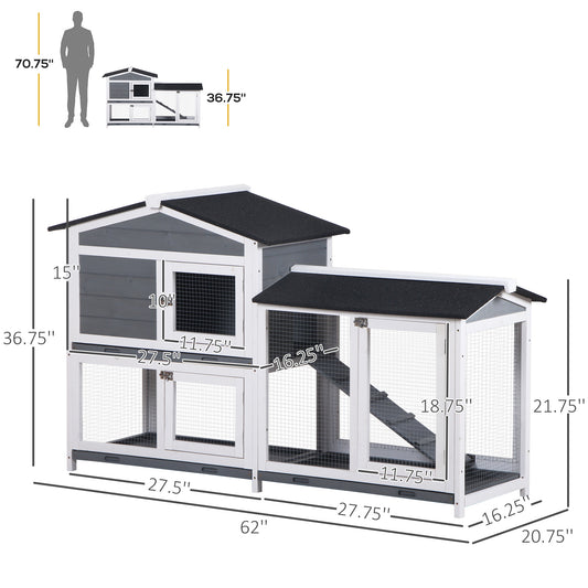 PawHut 2-tier Indoor Rabbit Enclosure, Wood Hutch Backyard Small Animal House Ramp Outdoor Run Enclosed