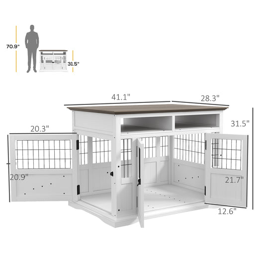 PawHut Dog Kennel Furniture Side End Table with Storage, Double Doors for Small and Medium Dogs, White