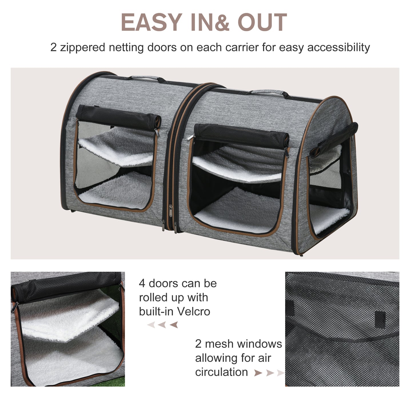 PawHut 39" Portable Soft-Sided Cat Carrier, Cat Kennel, Travel Dog Crate with Divider, Two Compartments, Soft Cushions & Storage Bag, Easy to Fold, Light Gray