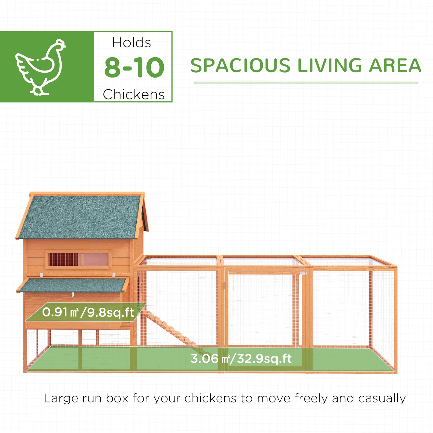 PawHut 137" Chicken Coop for 8-10 Chickens, Large Chicken House, Wooden Poultry Hen Cage with Nesting Box and Run for Backyard, Orange