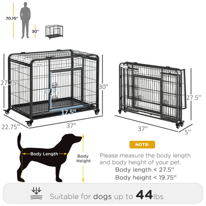 PawHut Folding Design Metal Dog Crate & Heavy Duty Kennel with Removable Tray 4 Locking Wheels 37" x 22.75" x 27.25"