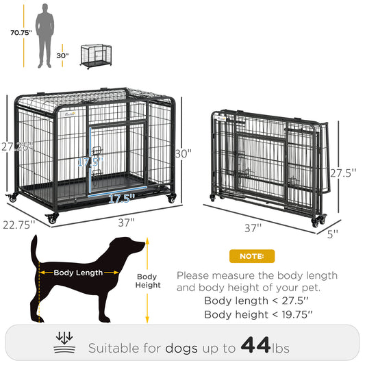 PawHut Folding Design Metal Dog Crate & Heavy Duty Kennel with Removable Tray 4 Locking Wheels 37" x 22.75" x 27.25"