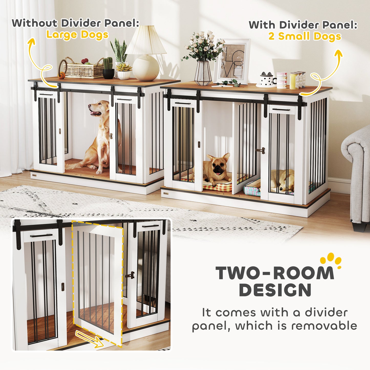 PawHut Dog Crate, Dog Cage End Table with Divider Panel, Dog Crate Furniture for Large Dog and 2 Small Dogs, White