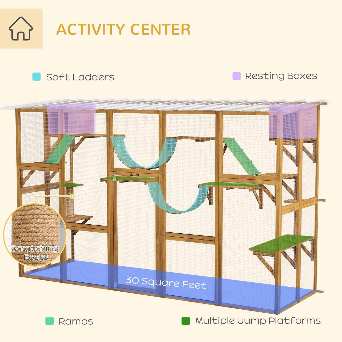 PawHut Catio Playground Cat Window Box Outside Enclosure for Multiple Cats w/ Shelves & Bridges, Yellow