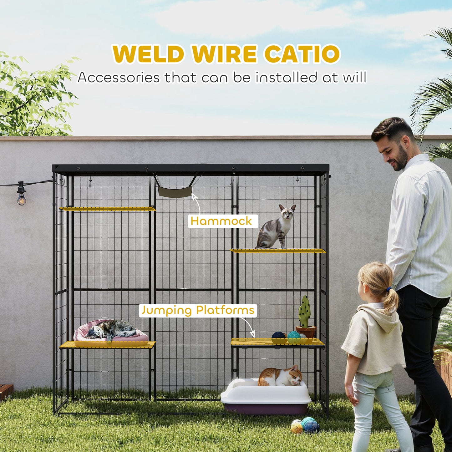 PawHut Weld Wire Catio Outdoor Indoor with Waterproof Cover, 4 Jumping Platforms, Hammock, for 1-3 Kittens, 69" x 22" x 62"