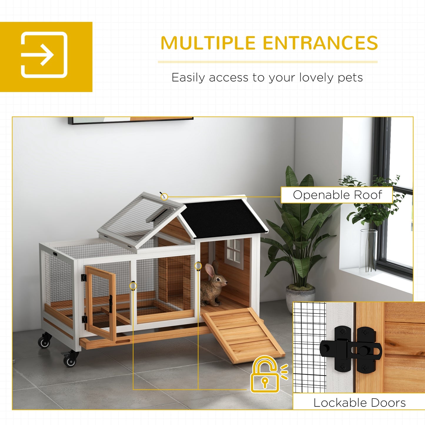 PawHut Wooden Rabbit Hutch with Wheels, Run, Slide-out Tray for Small Animals, Guinea Pig, Yellow