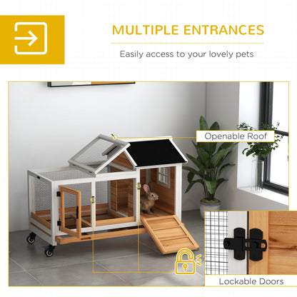 PawHut Wooden Rabbit Hutch with Wheels, Run, Slide-out Tray for Small Animals, Guinea Pig, Yellow
