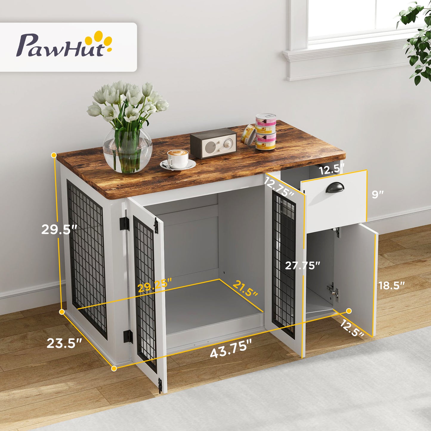 PawHut 44" Furniture Dog Crate with Double Door, Storage & Drawer for Medium Sized Dogs, White
