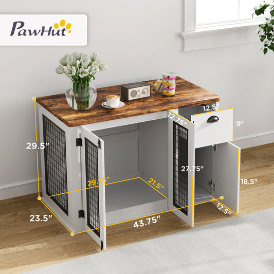 PawHut 44" Furniture Dog Crate with Double Door, Storage & Drawer for Medium Sized Dogs, White