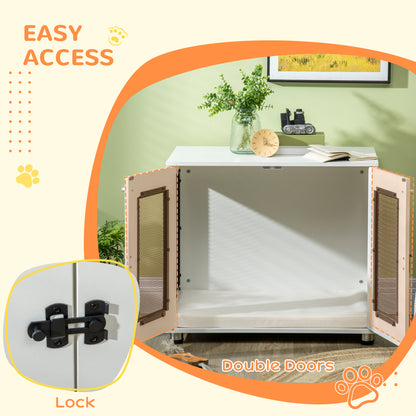 PawHut Dog Crate Furniture with Water-resistant Cushion, Dog Crate End Table with Double Doors, Indoor Pet Crate for Small Medium Dogs Indoor Use, White