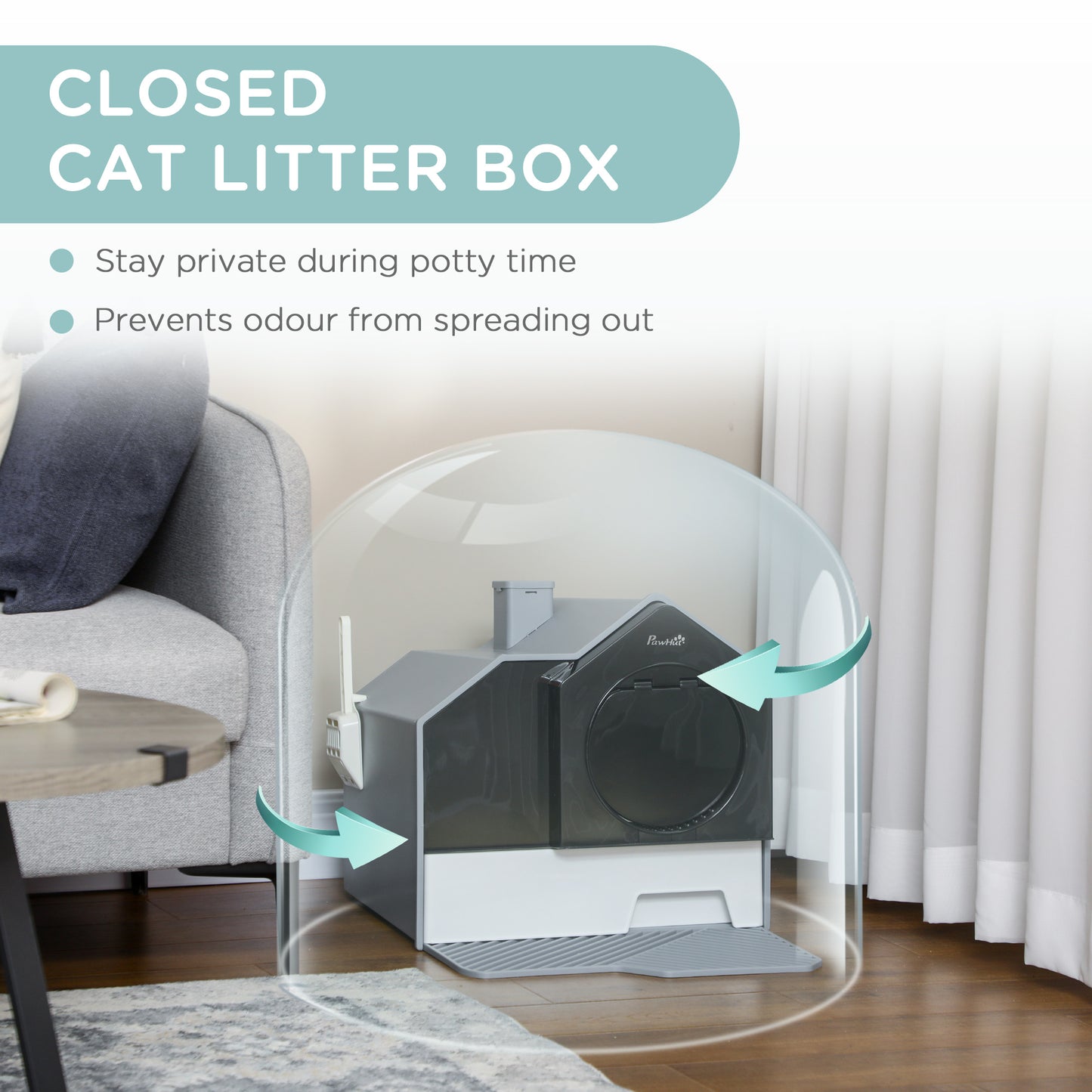 PawHut Hooded Cat Litter Box w/ Litter Mat, Litter Particle Catching, Gray