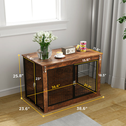 PawHut 39" Dog Crate Furniture with Flip-up Top Opening, 2 Doors, Dog Kennel Furniture for Large Dogs, Rustic Brown