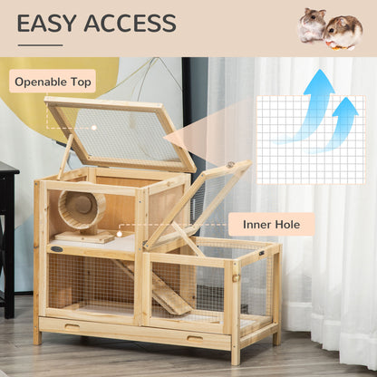 PawHut 2-Tier Wooden Hamster Cage, Small Animals Hutch, w/ Seesaw, Tray