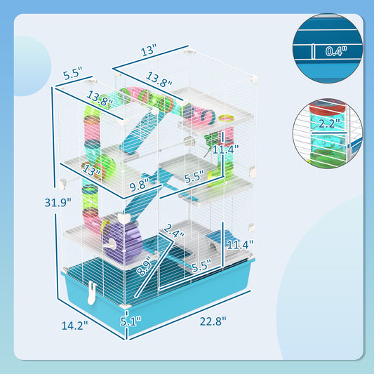 PawHut 6 Tier Hamster Cage with Tubes and Tunnels, Hut, Wheel, Food Dish, Water Bottle, Ramps, for Dwarf & Gerbil, Light Blue