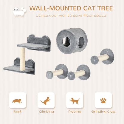 PawHut 5PCs Cat Wall Shelves, Pet Wall-mounted Climbing Shelf Set, Kitten Activity Center with Condo, Cushion, Scratching Post, Jumping Platform, Gray
