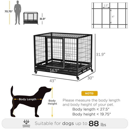 PawHut 43" Heavy Duty Dog Crate with Removable Tray, Lockable Wheels and Double Door, for Large and Extra Large Dogs, Black